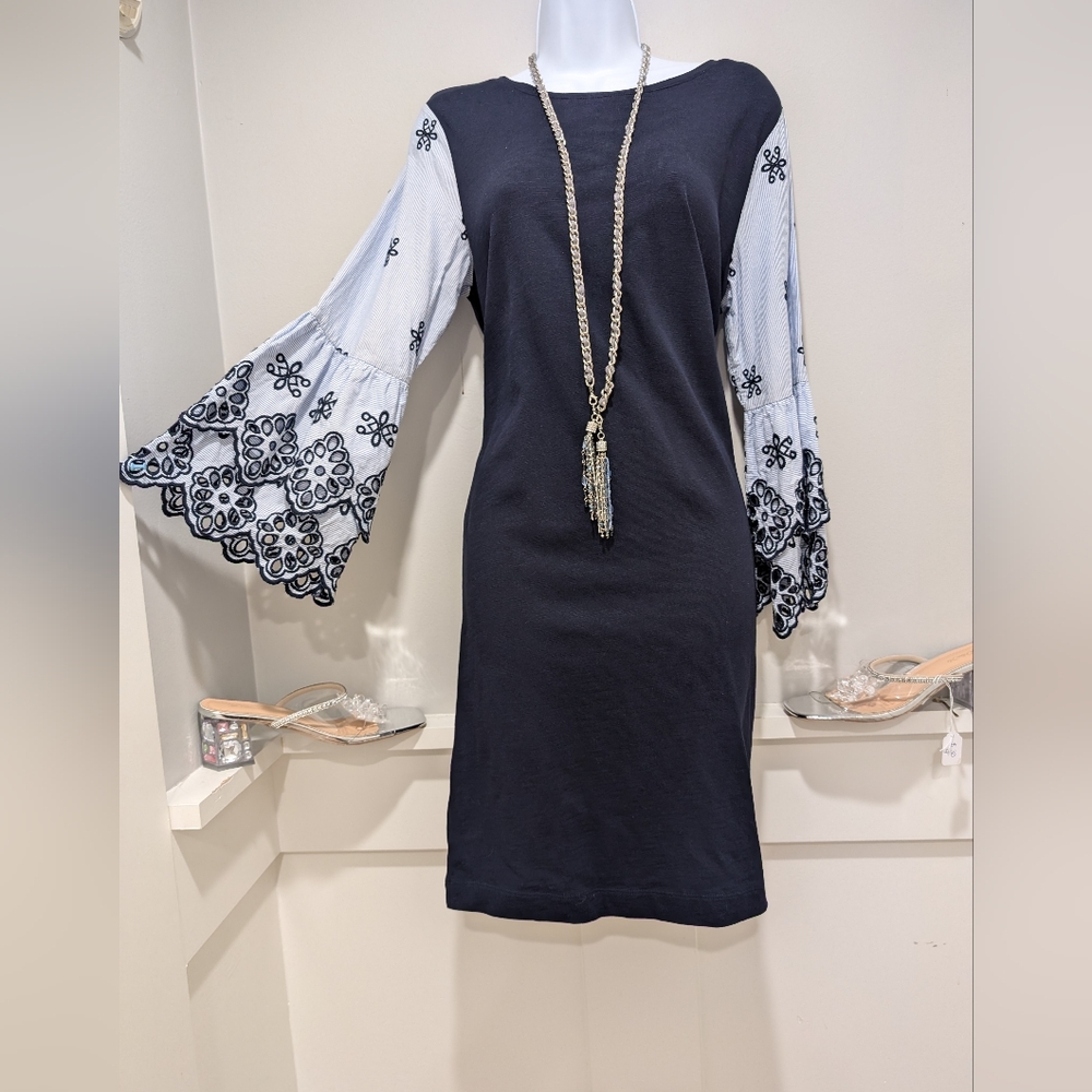 Blueand White Sheath Dress with Bell Sleeves